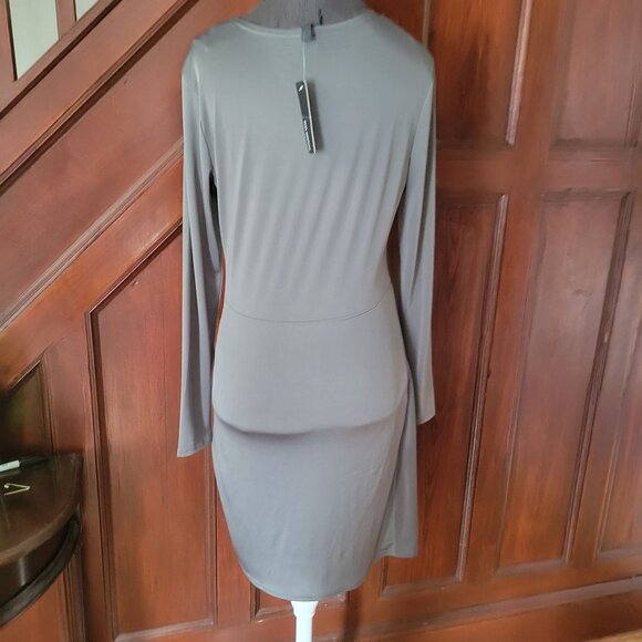 Next Question Womens Long Sleeve Wrap Dress Gray Ruched Stretchy Knee Length Si - Picture 3 of 7